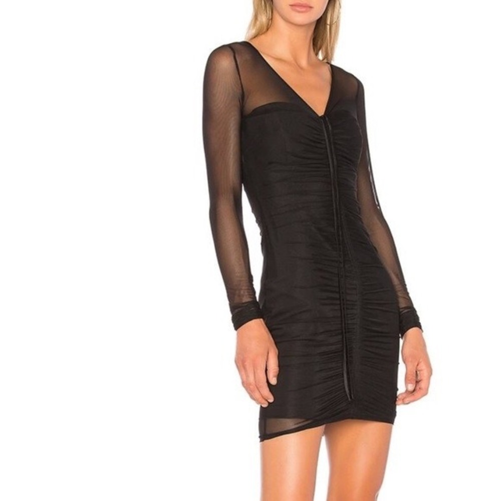 Cinq à Sept Black Grant Ruched Mesh Long Sleeve Mini Dress Size‎ 2